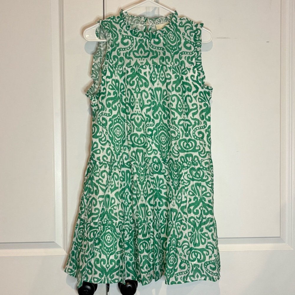 Pinch Green & White Ruffled Neck Tiered Dress
